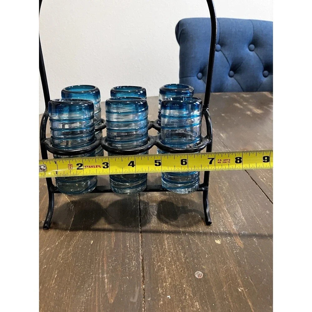 Set of 6 Mexican Hand Blown Confetti shot glasses and Metal Carrier, holder